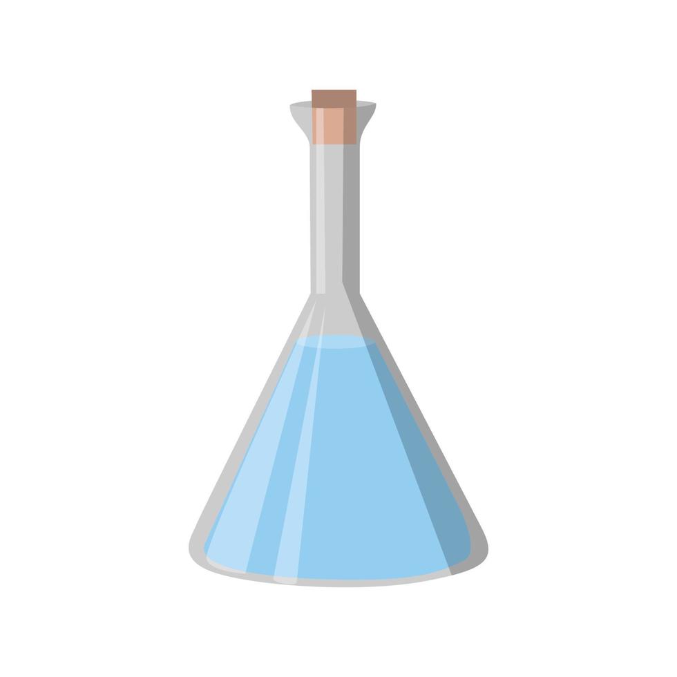 Laborglaskolben und mit blauer Flüssigkeit. chemische und biologische Experimente, Vektorgrafik im flachen Stil auf weißem Hintergrund vektor