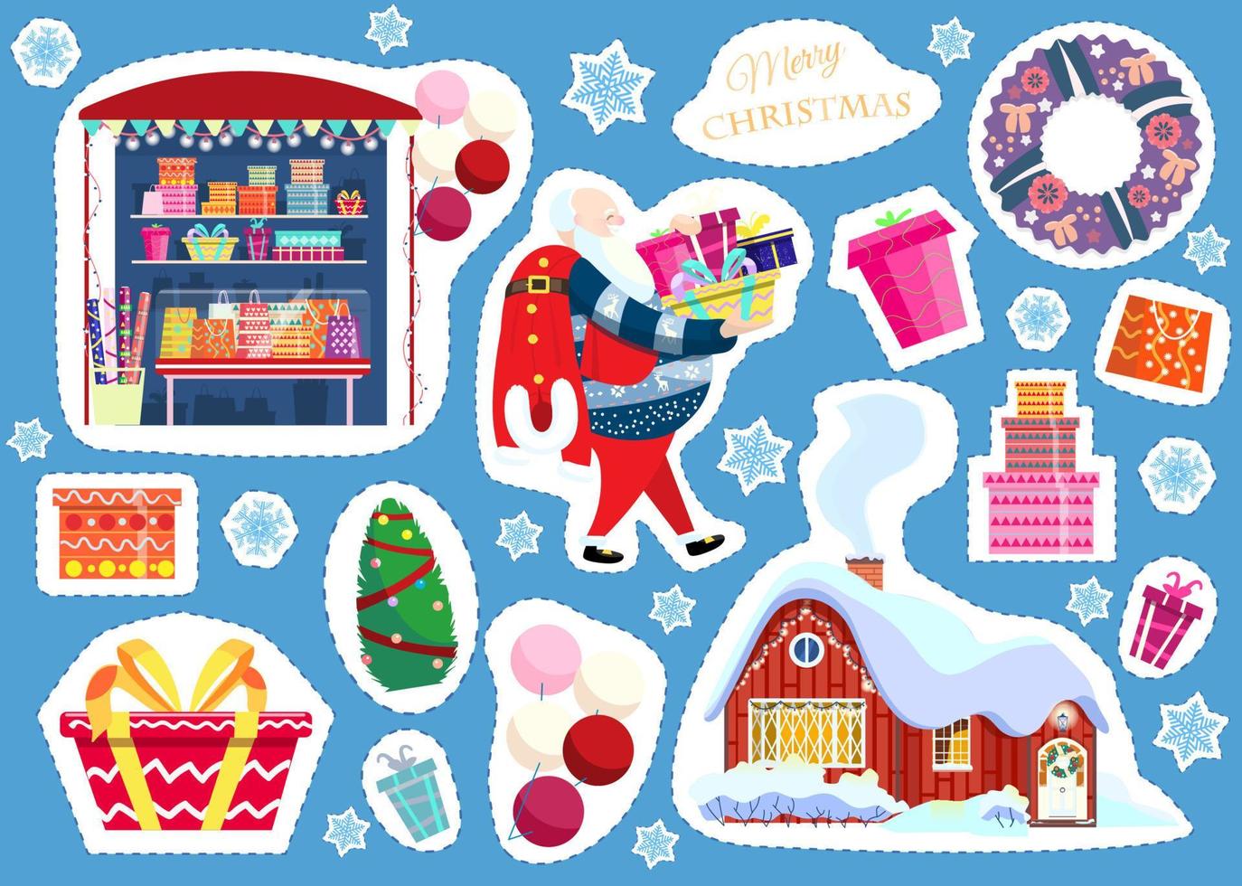 Vektor-Set von Aufklebern zum Thema Weihnachten und Neujahr. geschenkeladen, weihnachtsmann mit geschenken, geschenkboxen, weihnachtsbaum, luftballons, winterlandhaus, weihnachtskranz, schneeflocken. vektor