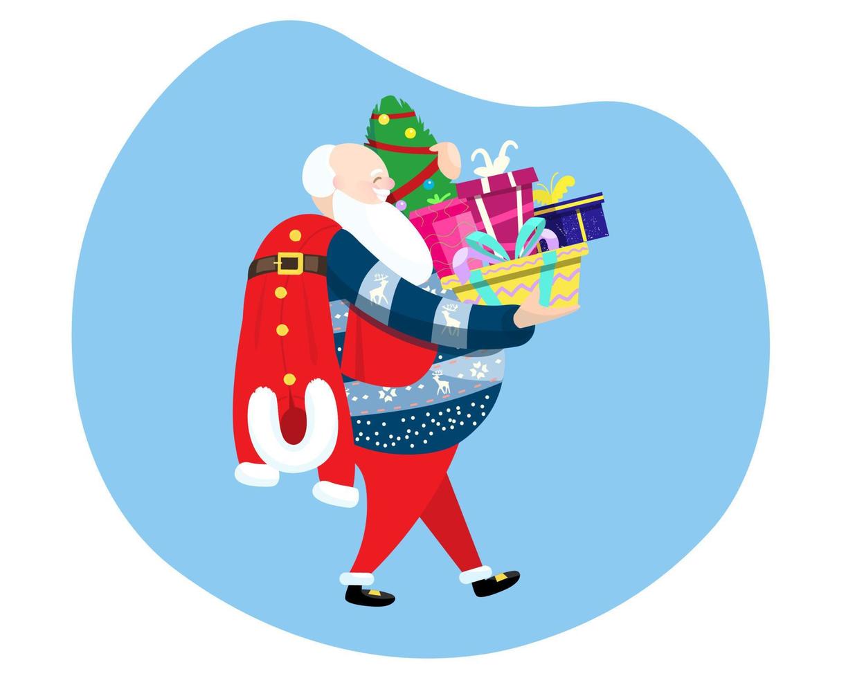 vektorillustration des weihnachtsmanns, der geschenke und weihnachtsbaum trägt. der weihnachtsmann ist heiß darauf, alle geschenke auszusuchen, also legt er sein kostüm ab. vektor