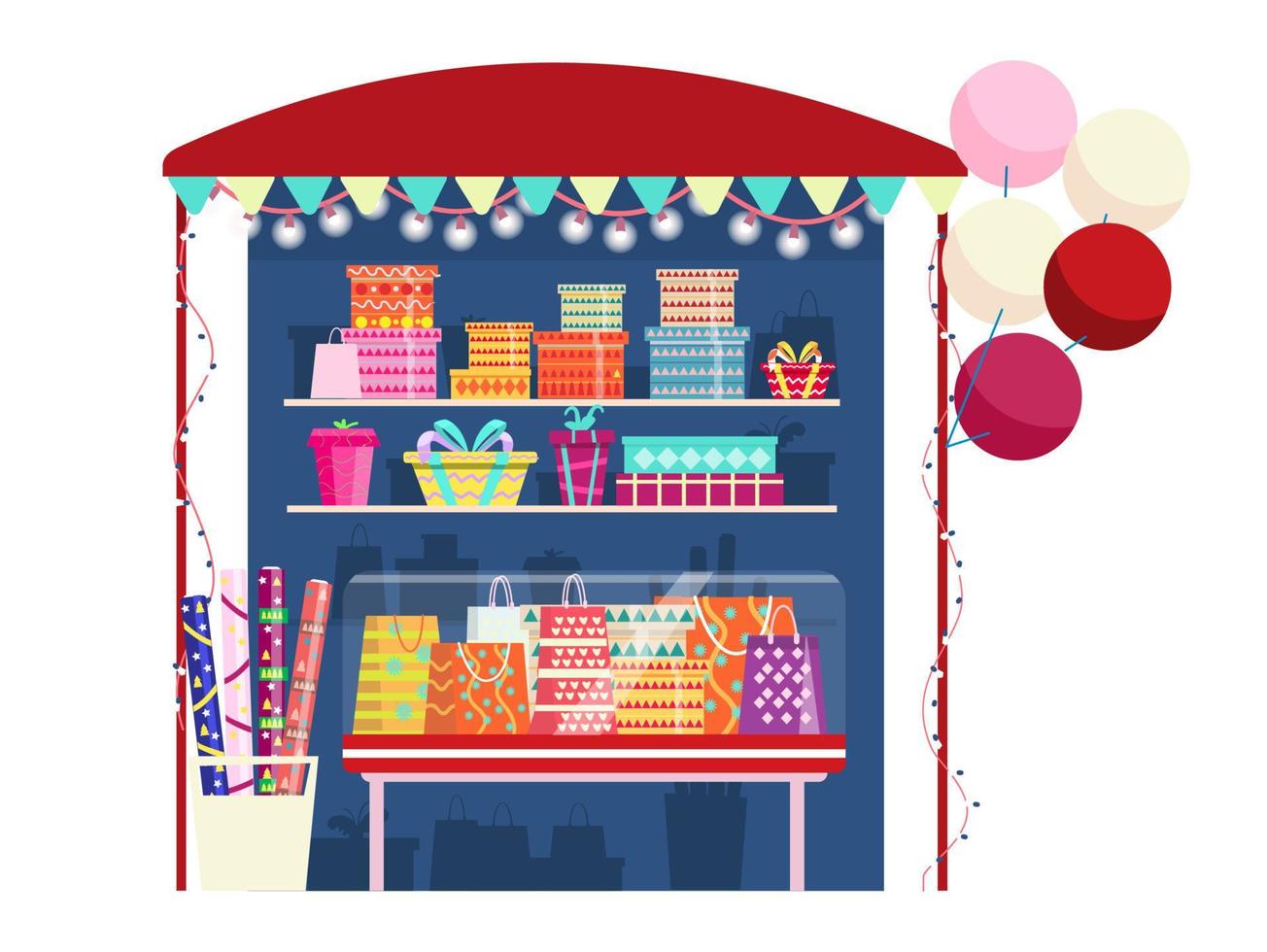 Vektor-Illustration von Geschenkverpackungsservice. Stand mit Geschenkboxen, Geschenkpapier, Girlanden und Luftballons. vektor