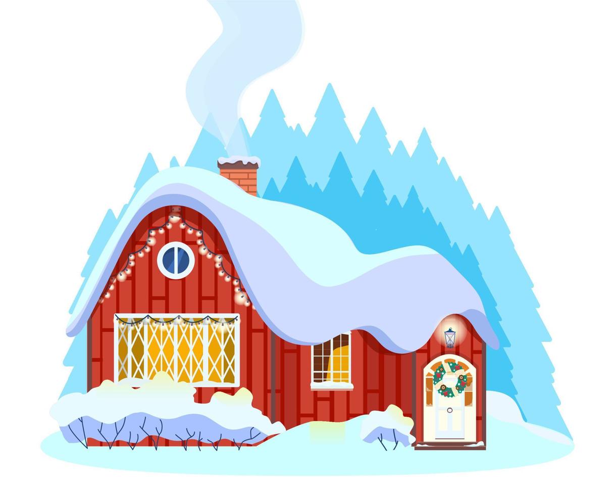 vektorillustration des winterlandhauses, das mit weihnachtskranz und girlanden mit wald im hintergrund geschmückt ist. perfekt für weihnachts- und neujahrskarten. vektor