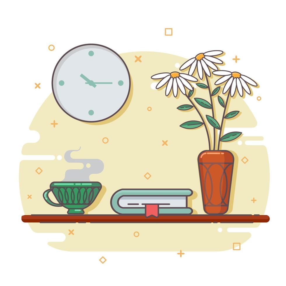 Vektorgrafik eines gemütlichen Ortes mit einem Buch, einer Blume in einer Vase und einer Tasse Heißgetränk. Vektorillustration. Folge10 vektor