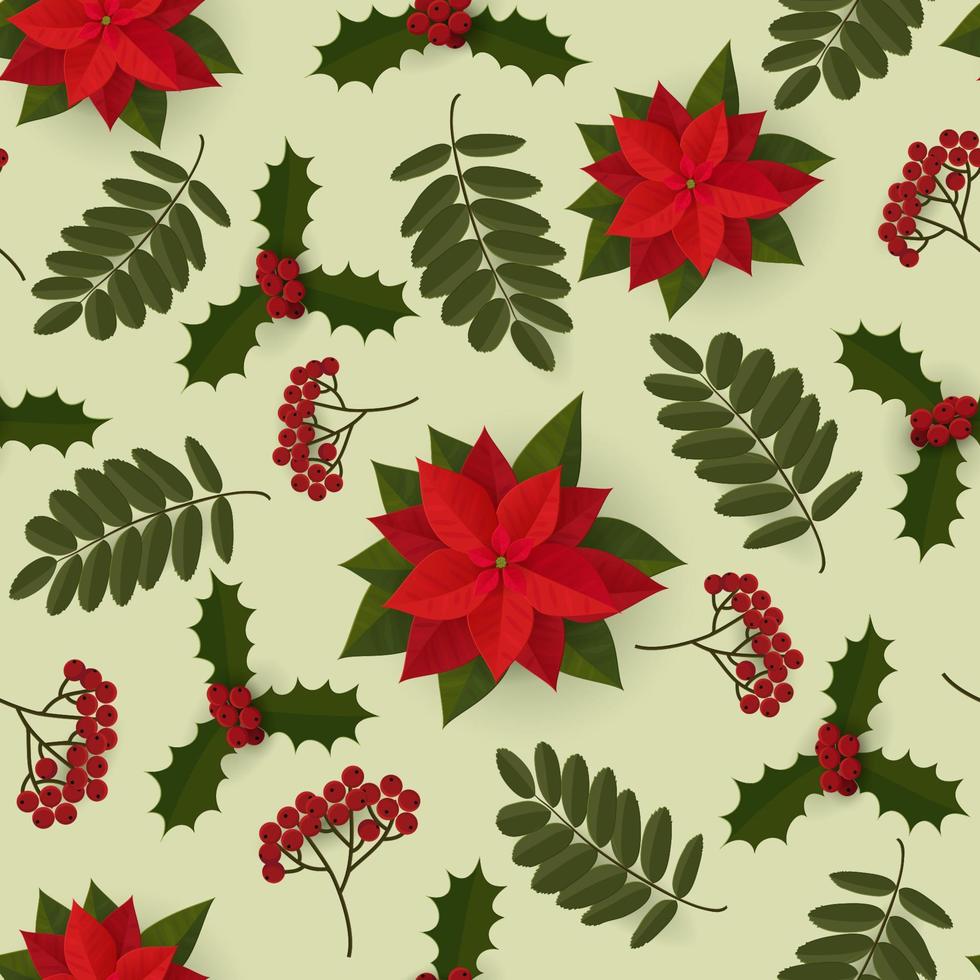 Nahtlose Vektorillustration mit Weihnachtssternblumen und Eberesche auf grünem Hintergrund. Weihnachtssymbol. für Textildekoration, Verpackung, Webdesign. vektor