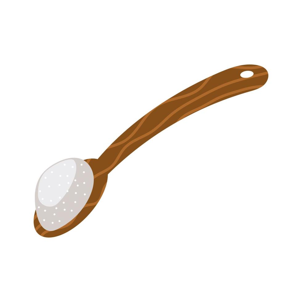 Holzlöffel mit weißer Zuckervektorillustration Lebensmittelsymbol isoliert. Küchenkochpulverzutat und Utensilienbacken. Gießen Sie Salz und natürlichen Süßstoff Kristall. Teelöffel reinen Getreidearomarohr hinzufügen vektor