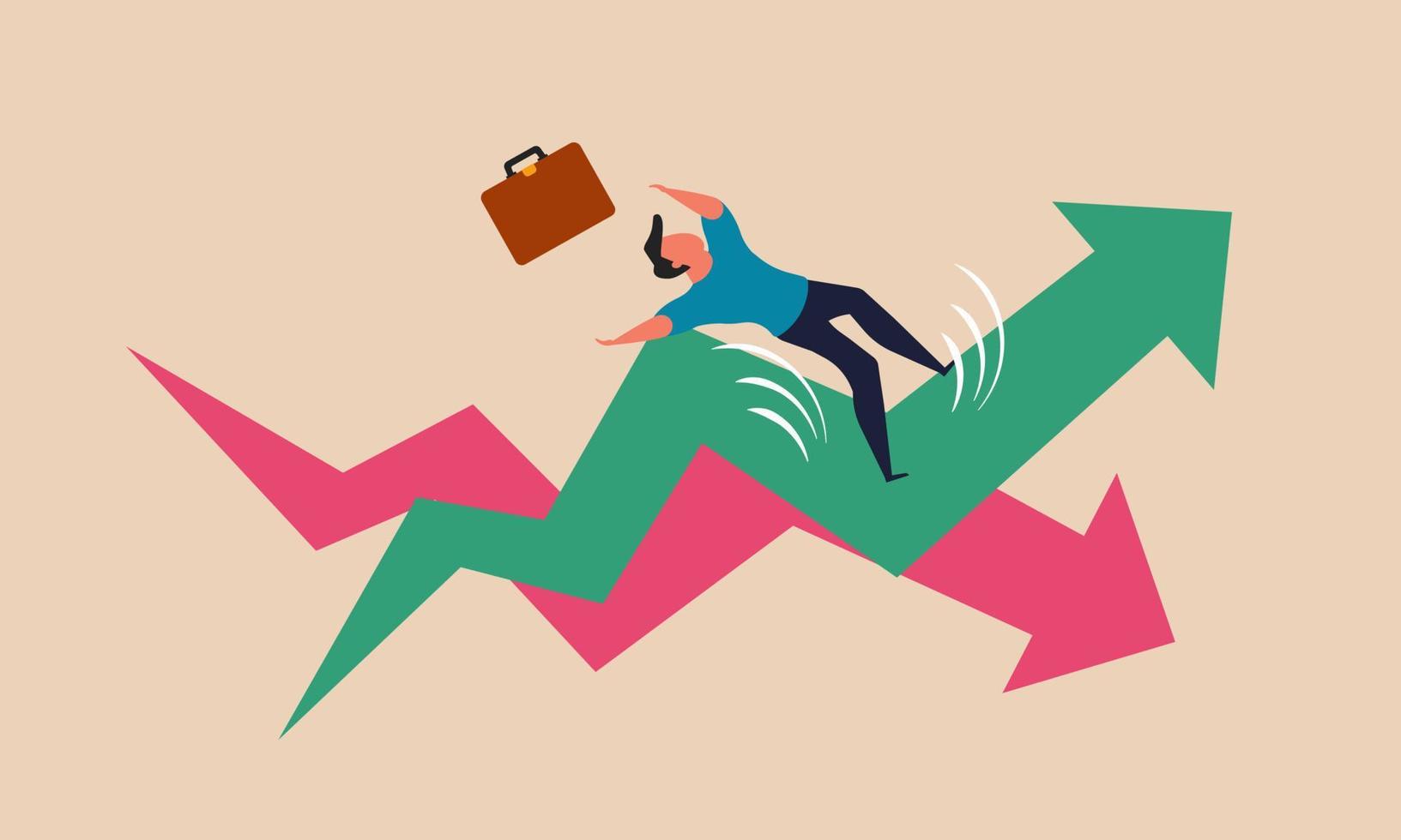 flyktig stock marknadsföra och osäkerhet investera förändra ner. finansiell pil pris stiga investerare pengar vektor illustration. företag kris eller skuld ekonomisk efter coronavirus. panik och påfrestning konkurs