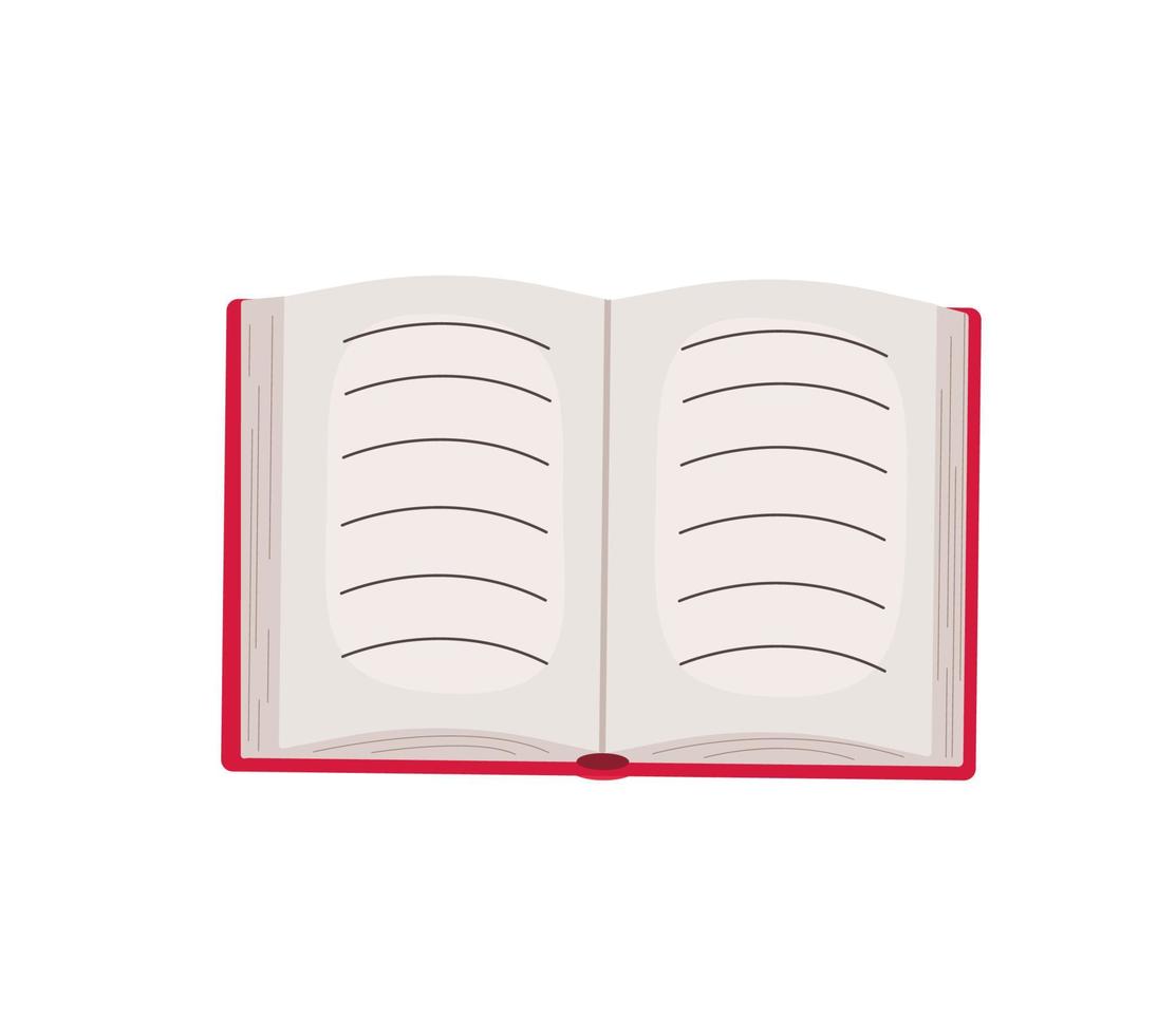 en papper bok är öppen i en röd omslag, en vektor illustration av en tecknad serie anteckningsbok, ett kontor eller skola begrepp.