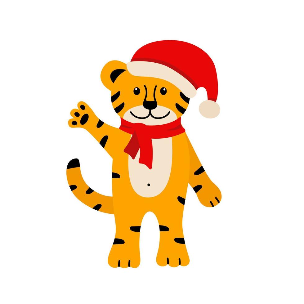 en söt tecknad serie tiger i en santa hatt och scarf vågor dess Tass. vektor illustration, de begrepp av jul och ny år