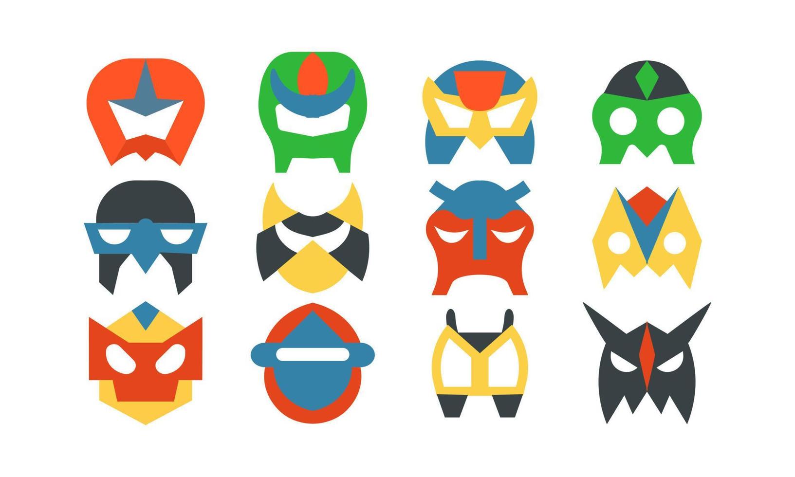 Superhelden-Masken-Set und Power-Helden-Kostüm. Super-Comic-Charakter-Gesichtszeichen-Vektorillustration. mächtiger Kopf-Avatar und Retter des Sammlungsgeheimnisses. Schutzretter und anonyme Schurkenmaske vektor