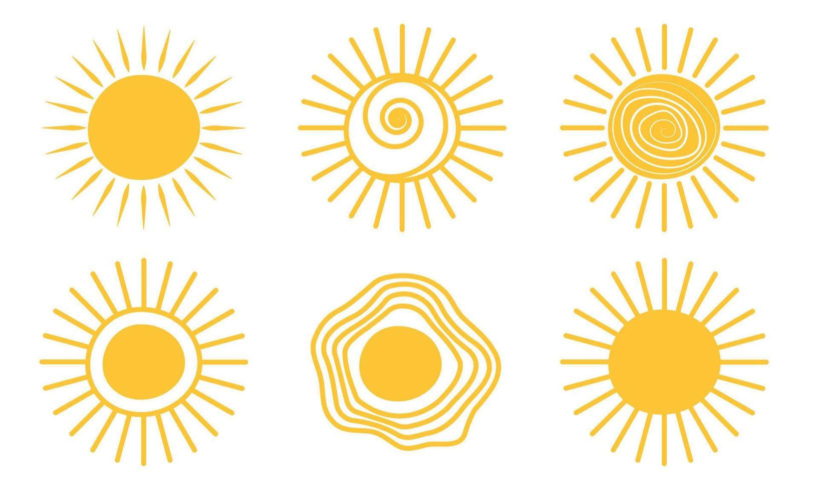 gelbes gekritzel sonnenschein logo symbol sonne. warmer Sternzeichensatz. heiße sonne gekritzel sommer kritzeln handgezeichnete sonnenschein vektorillustration isoliert weiß vektor