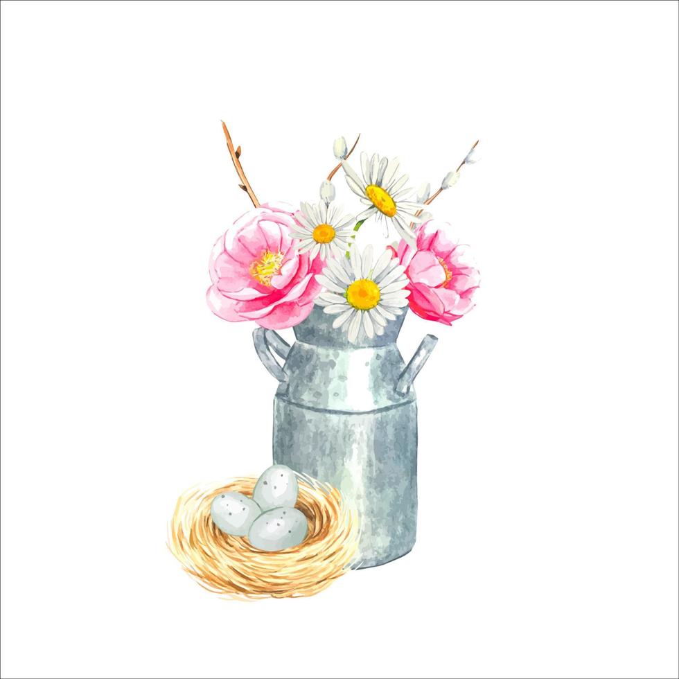 ostern-komposition. handgezeichnete aquarellillustration. ein Blumenstrauß und ein Vogelnest mit Eiern. vektor