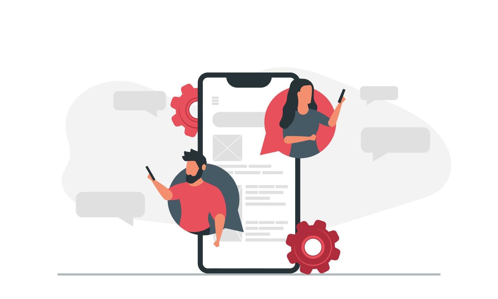 en man och en kvinna kommunicera förbi meddelanden på de telefon. dialog människor chattar vektor illustration