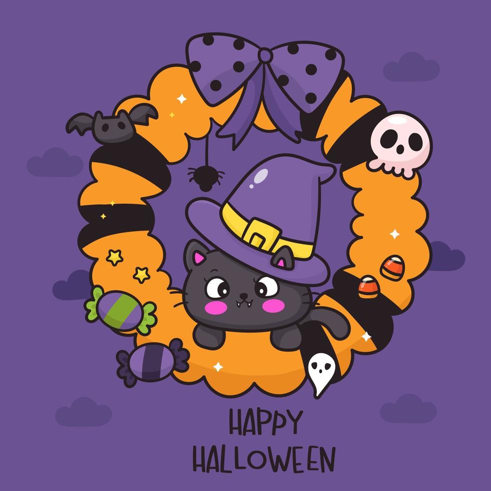Halloween-Katze und Kranz kawaii Cartoon vektor