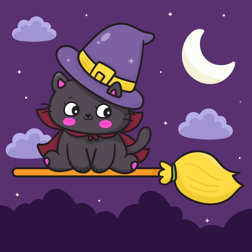 Halloween-Katzenhexe, die auf dem Mond kawaii Cartoon fliegt vektor