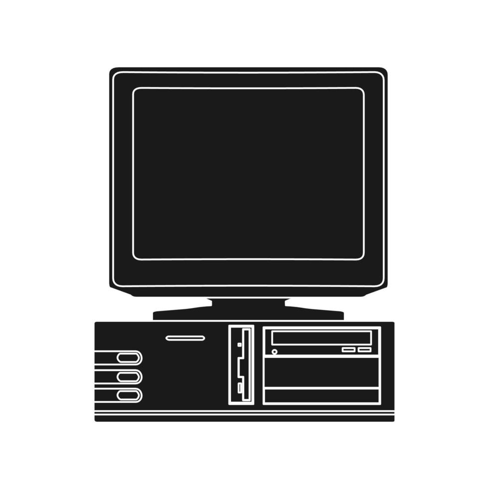 alte Computer-Vektortechnologie-Illustrations-PC solider schwarzer und Retro-Symbol-Desktop. digitale Bildschirmanzeige und Symbol der 90er Jahre. vintage kommunikationsdesign und büroausstattung persönliches objekt vektor