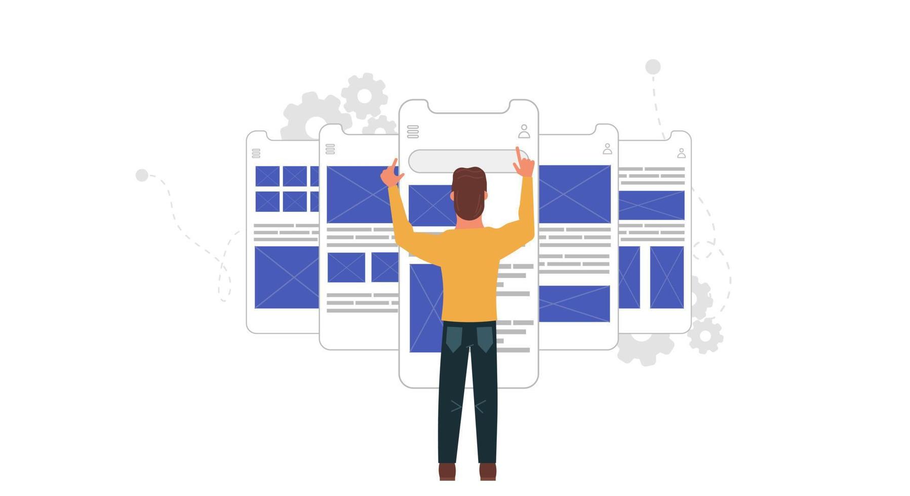 mobiler bildschirm für benutzerfreundlichkeitstests mit menschen bemannen vektordesignillustration. entwicklungssoftwareanwendung ui- und ux-schnittstellenseite. Testprojektformular für das Benutzercodierungslayout der Website. flaches Drahtmodell erstellen vektor