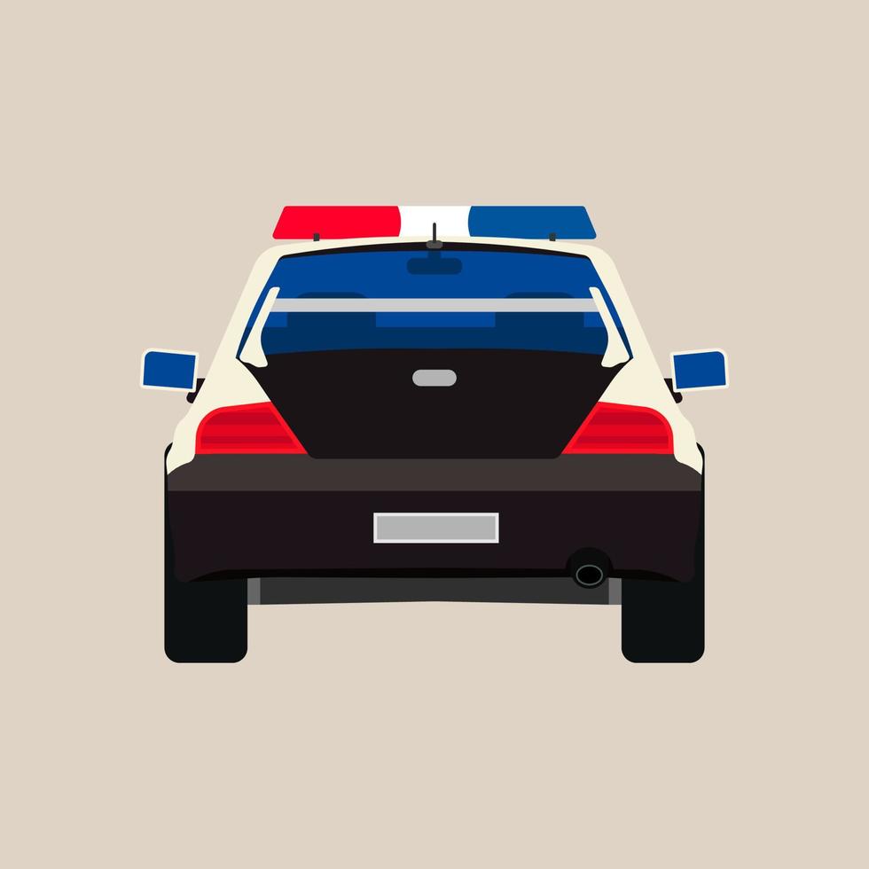 polis bil tillbaka se vektor platt ikon. fordon polis isolerat svart patrullera brottslighet. urban vakt sheriff sedan strålkastare