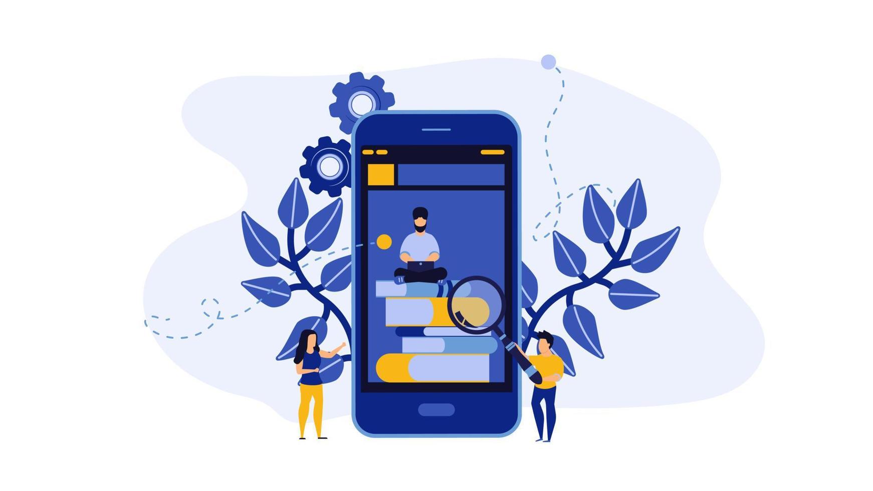 uppkopplad bok bibliotek vektor illustration begrepp med människor. utbildning med telefon eller dator. digital kunskap studie. app inlärning baner teknologi bakgrund. läsning bokhylla i bokhandel