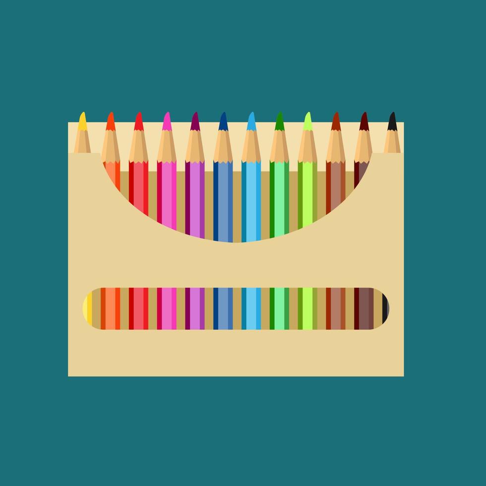 Bleistift-Box-Vektor-Symbol Kunst-Design-Bildung. farbe zeichnen schule papier set ausrüstung. helle Holzwerkzeugverpackungen vektor
