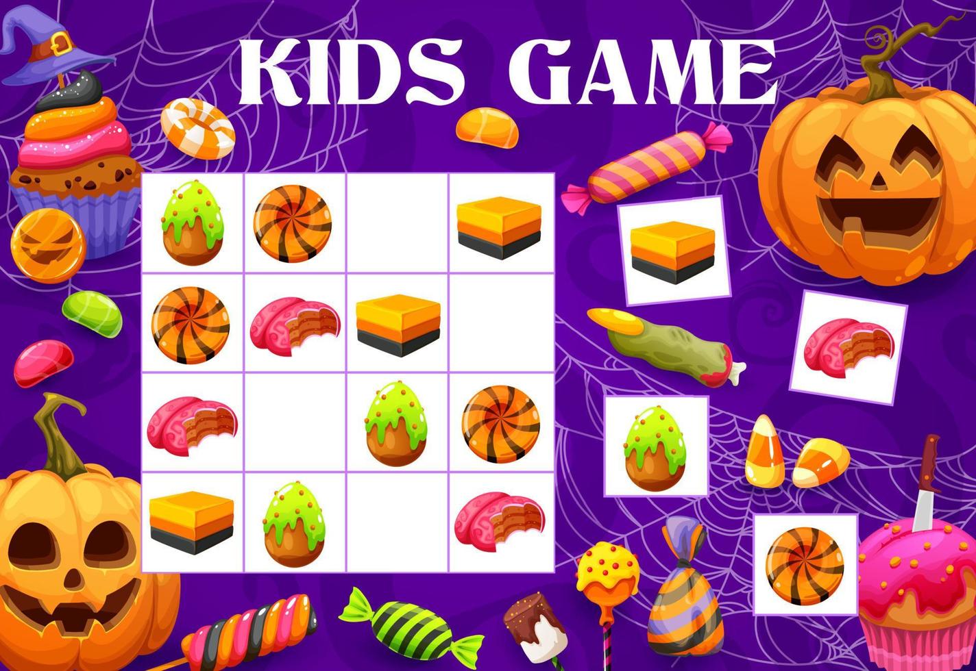 Sudoku-Kinderspiel mit Halloween-Süßigkeiten und Bonbons vektor