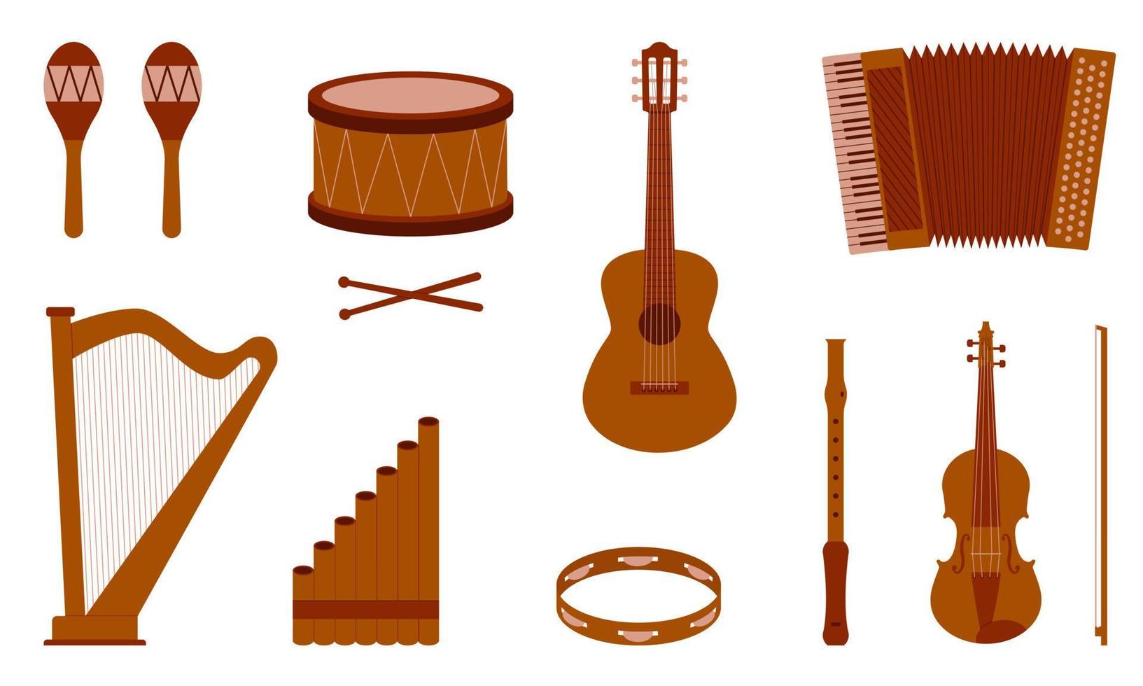 uppsättning av musikalisk instrument. akustisk, vind och percussion instrument och munspel. platt stil. vektor illustration