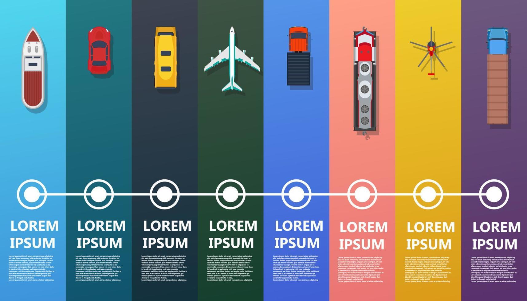 Transport-Infografik-Draufsicht-Vektor. Flachbus, Schiff, LKW, Zug, Flugzeug, Hubschrauber, Auto. Straßensymbol Business Industrie Reisekarte. set info traffic gewerbliche frachtzustellung. fracht logistische waren vektor