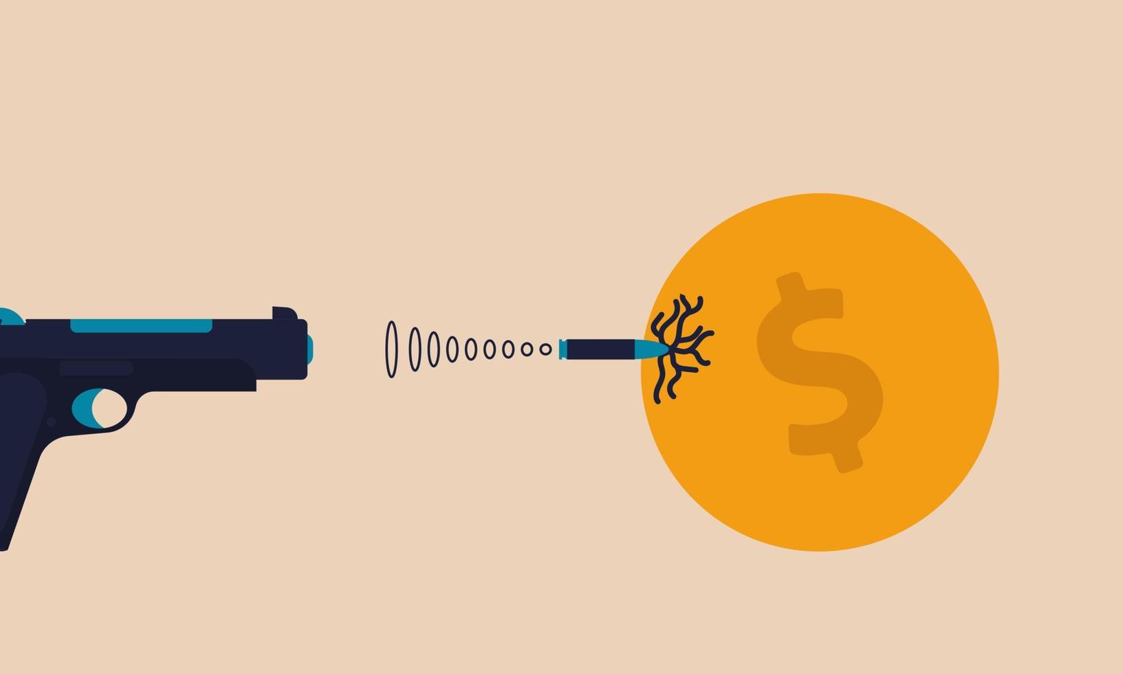 Gefahrenkreditgeld und Erste-Hilfe-Finanzierung. Ruhestandsrisiko und Coin Investment Income Vector Illustration Concept. Pistolenfeuer für Ziel- und Dividendengeschäft. Sicherheitssteuer und Versicherungsgeld