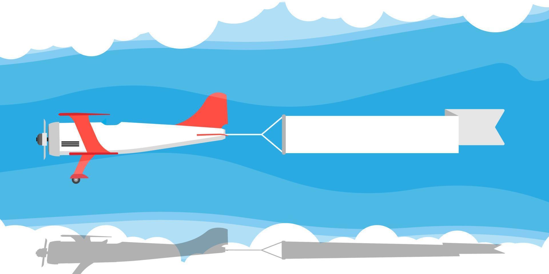 röd biplan med luft band baner vektor illustration. annons himmel flyg årgång plan resa. gammal fordon äventyr visa resa. platt flyguppvisning flagga text tecken