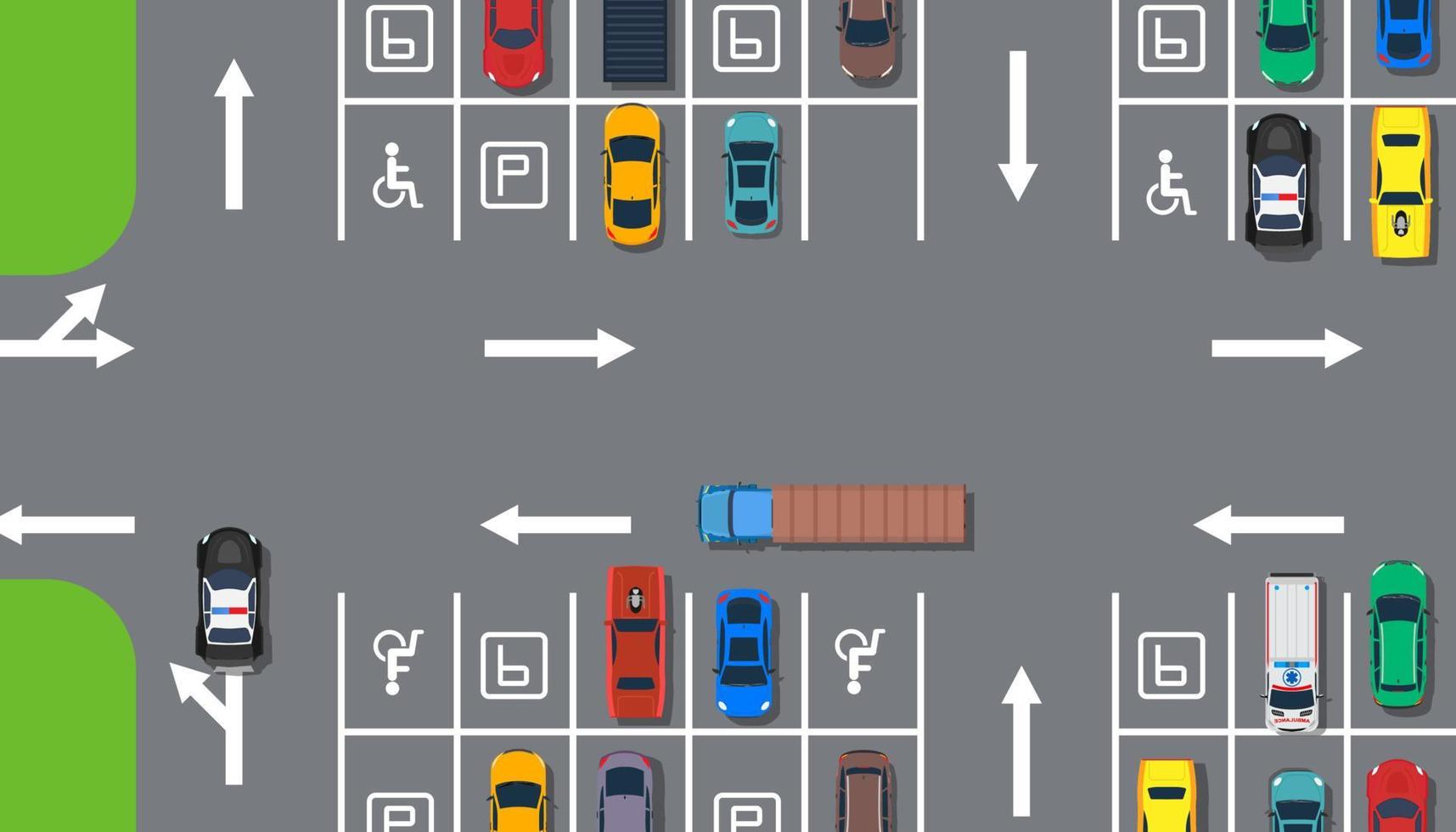 parkzone auto draufsicht luftbau illustration. Straßenverkehr Transportkonzept. stadt ort bereich öffentlicher raum. Garagenregulierungslinie. viele reservierte Slot-Banner. vektor