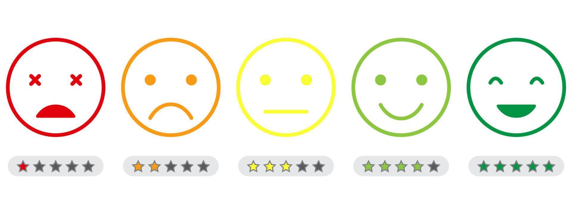 Emoji-Feedback-Skala mit Sternliniensymbol. kundenstimmung vom fröhlichen guten gesicht bis zum wütenden und traurigen konzept. Emoticon-Feedback. Ebene Umfrage zur Kundenzufriedenheit. isolierte Vektorillustration vektor