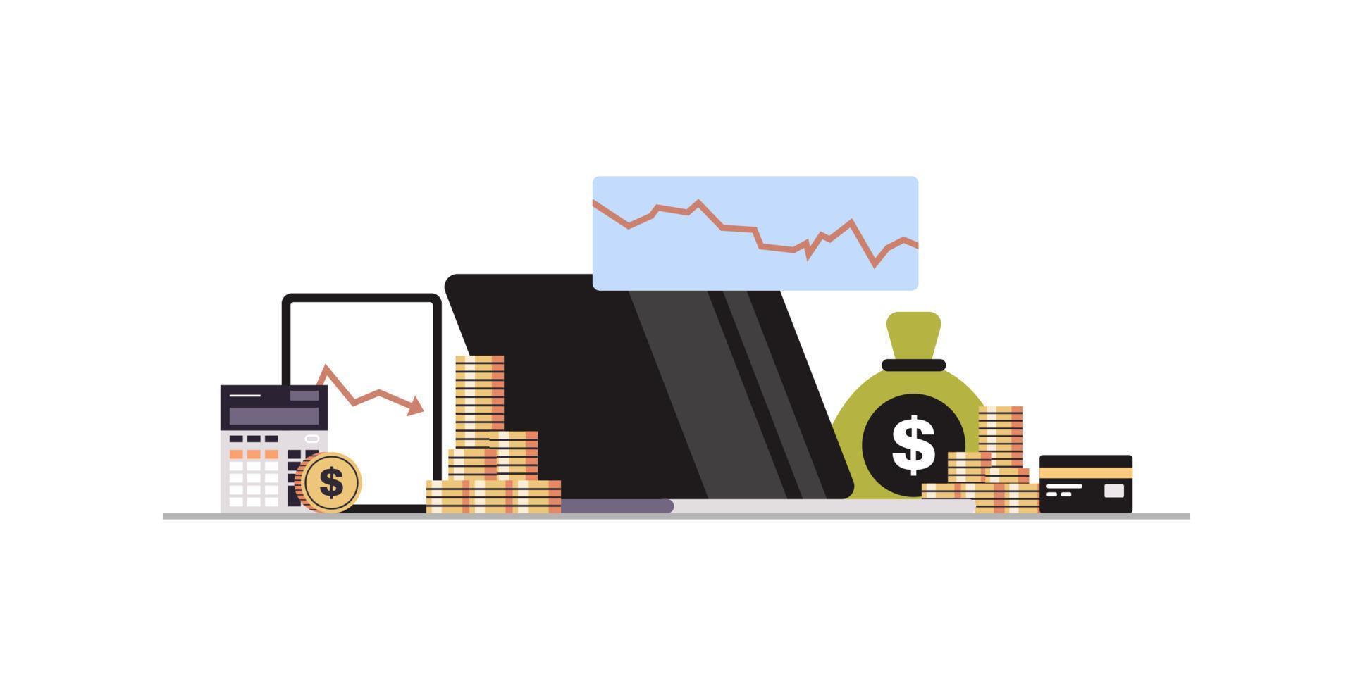 fallende diagramme diagramme wirtschaftliche finanzkrise börse banken investitionsausfall budget zusammenbruch und geldsack, kreditkarte, rechner, tablet, laptop mit datenkonzept horizontal. vektor