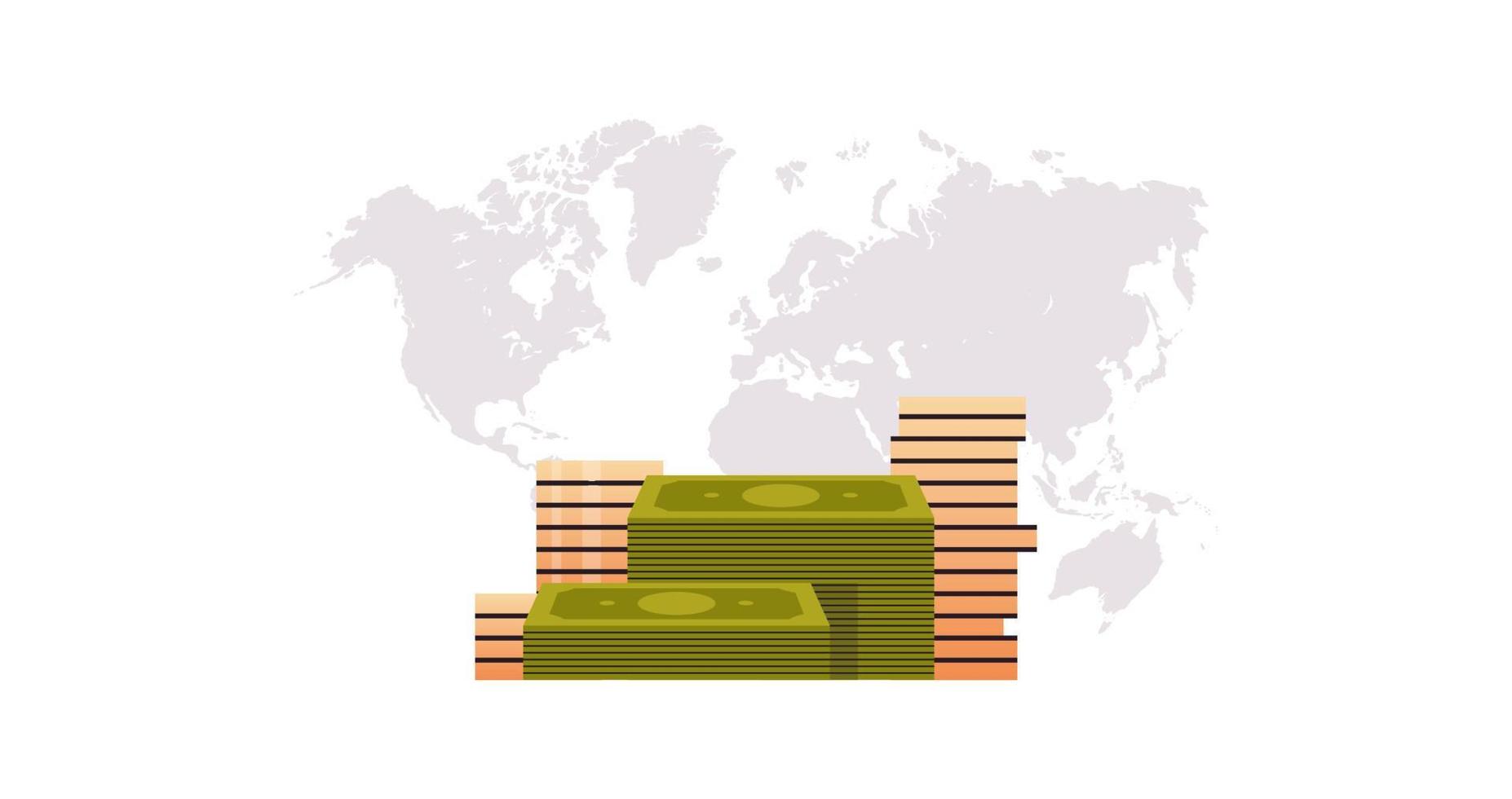 mynt stack och sedel staplade pengar, gyllene penny kontanter lugg på värld Karta bakgrund horisontell platt vektor illustration.