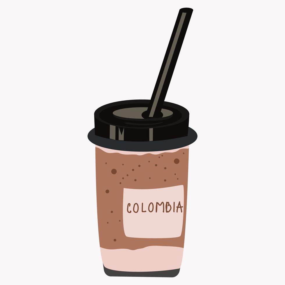 Pappbecher gefüllt mit Kaffee, mit einem Strohhalm und der Aufschrift Columbia, auf einer weißen Hintergrundvektorillustration. vektor