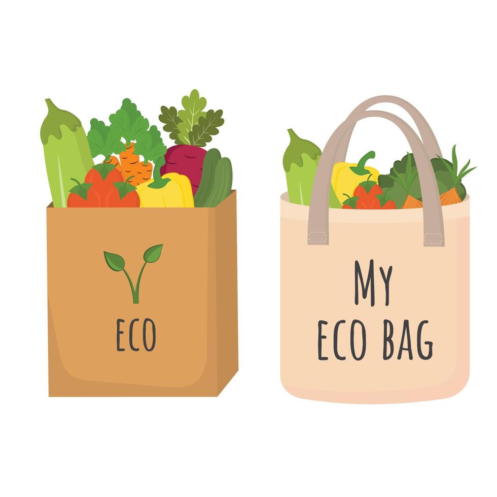 Textile wiederverwendbare Öko-Tasche und Basteltasche mit gesundem Gemüse. konzept des umweltfreundlichen einkaufens. Lieferung frischer Produkte. vegetarisches Produkt, Bio-Gemüse vom Erzeuger zum Tisch. keine Plastiktüte. vektor