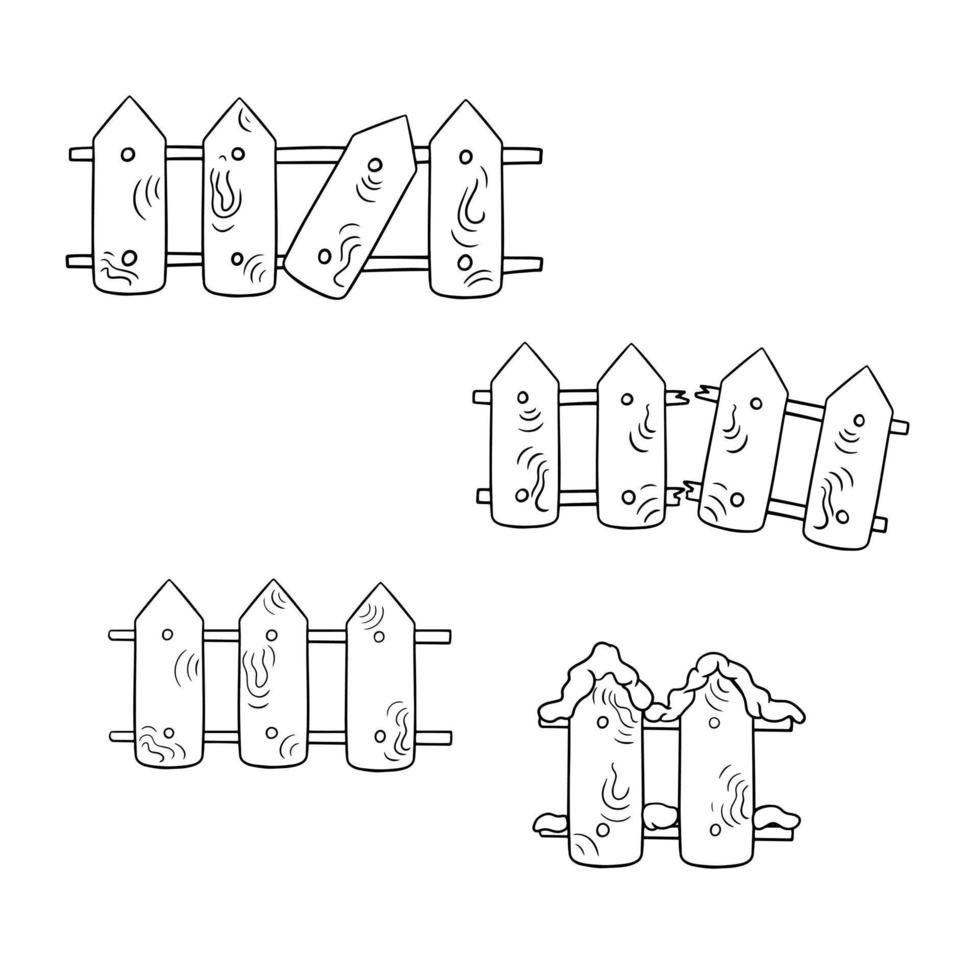 monochromes Icon-Set, Holzzaun, Zaun mit einem gebrochenen Teil, Vektorillustration im Cartoon-Stil auf weißem Hintergrund vektor