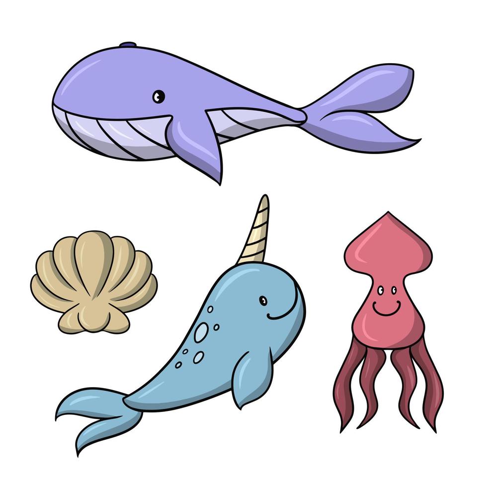 Eine Reihe farbiger Symbole, niedlicher Meeresfiguren, eines großen Wals, eines Tintenfischs und eines Narwals, einer Vektorillustration im Cartoon-Stil auf weißem Hintergrund vektor