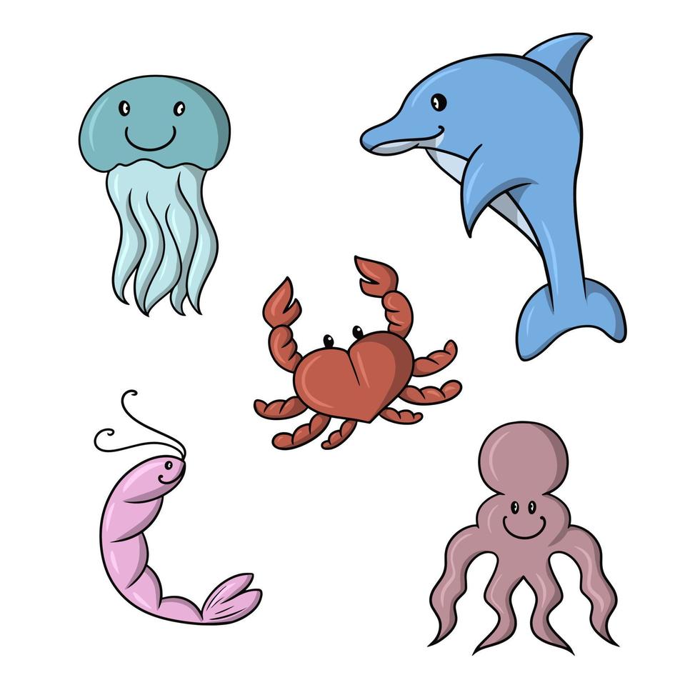 Eine Reihe farbiger Symbole, niedlicher Meeresfiguren, blauer Delphin, Krabben, Garnelen und Quallen, Vektorillustration im Cartoon-Stil auf weißem Hintergrund vektor