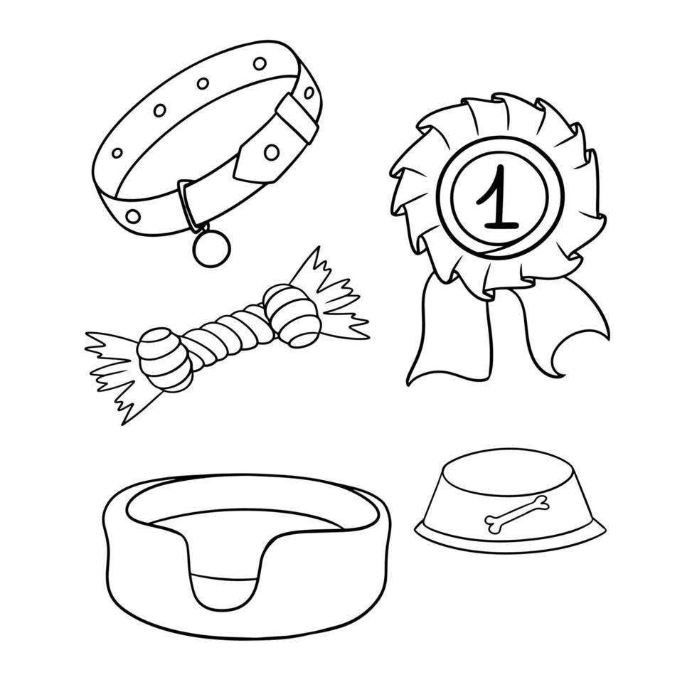 svartvit uppsättning av märken, Tillbehör för hundar, en krage med en Nyckelring, en hund leksak och en skål, en vektor illustration i tecknad serie stil på en vit bakgrund