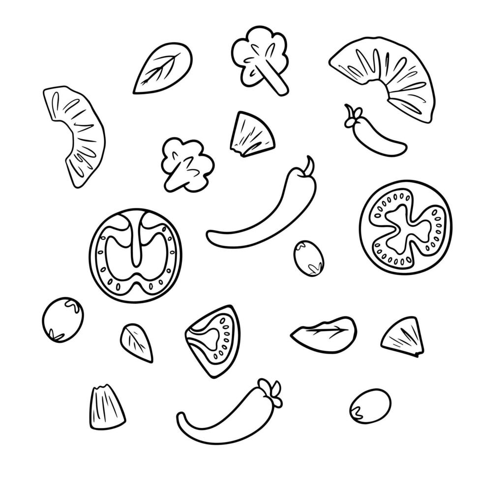 svartvit bild, en uppsättning av sallad Ingredienser, ananas skivor, tomat och peppar, broccoli och oliver, vektor illustration i tecknad serie stil på en vit bakgrund