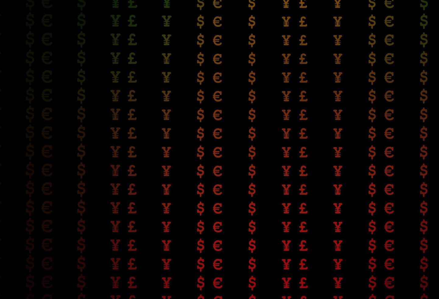 mörkgrön, röd vektorbakgrund med eur, usd, gbp, jpy. vektor