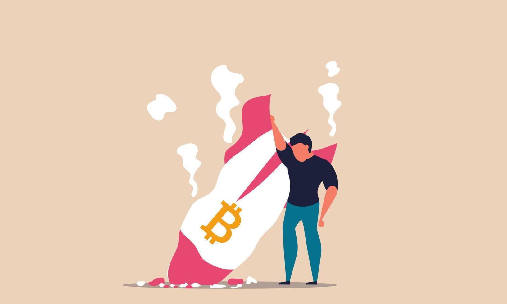 bitcoin ner och crypto valuta pris utbyta. raket BTC falla med flyktighet investering vektor illustration begrepp. handel kollaps och stock pengar minskning. virtuell handel blockchain misslyckas