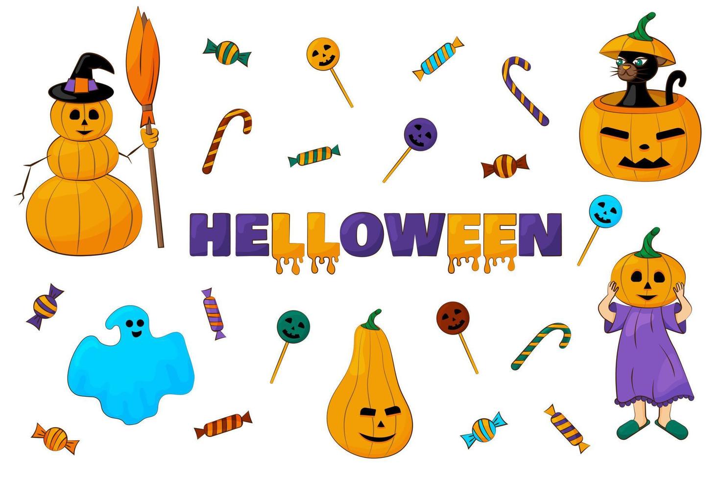 halloween-set mit bunten feiertagssymbolen. Kürbis, schwarze Katze, Süßigkeiten, Kostüm, Schneemann und andere Halloween-Elemente. Text. vektor
