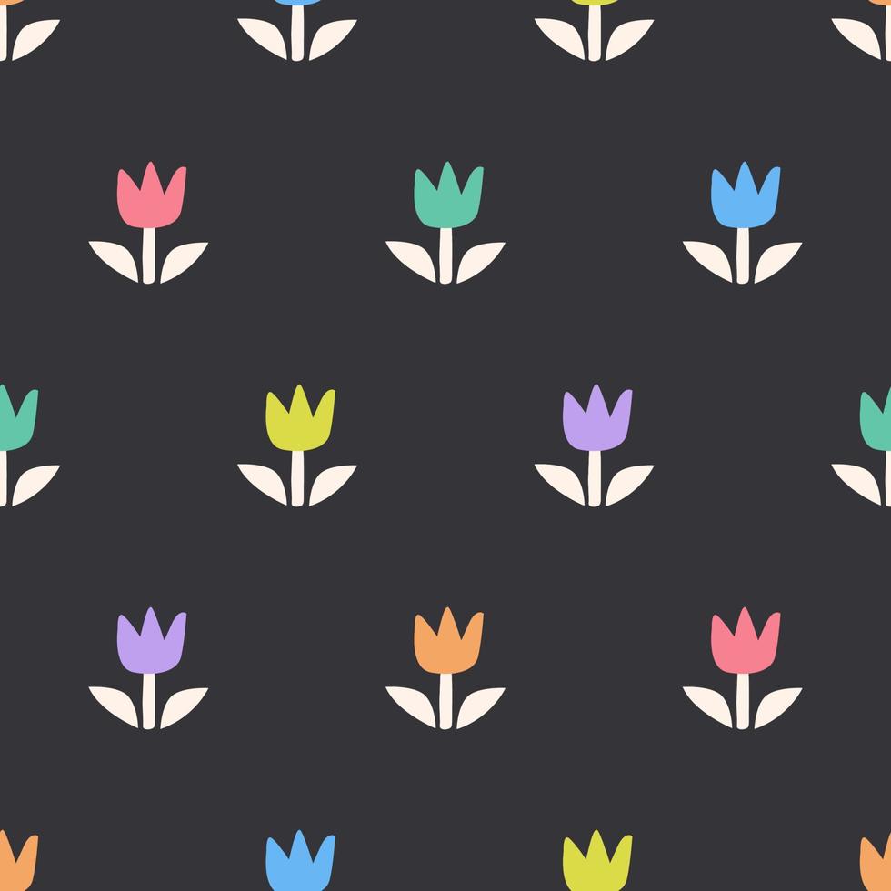 einfaches nahtloses Muster mit bunten Blumen auf schwarzem Hintergrund. florales Design in Pastellfarben. hand gezeichnete vektorillustration vektor
