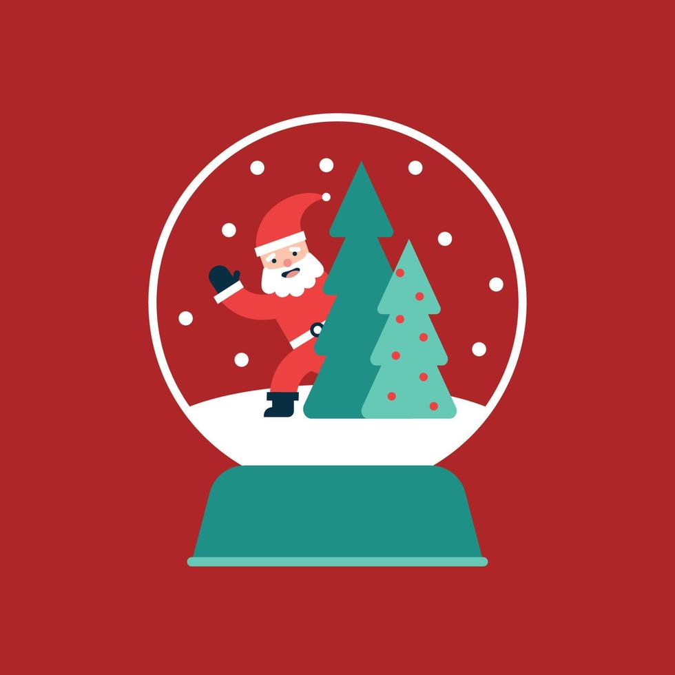 glad jul snö klot med skog träd och santa under de snö. Lycklig ny år hälsning kort. vektor illustration
