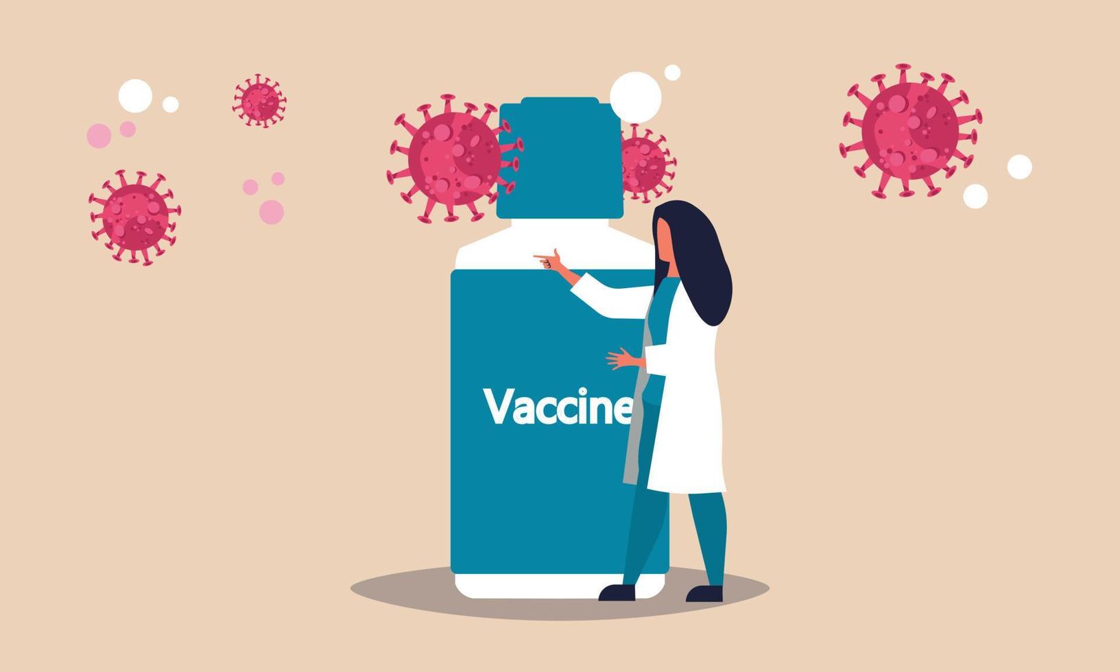 covid 19 vaccin flaska och kvinna läkare. skyddande människor från virus förbi betyder av vaccination vektor illustration. mänsklig epidemi och sjukdom forskning. hälsa vård terapi och läkemedel dos behållare