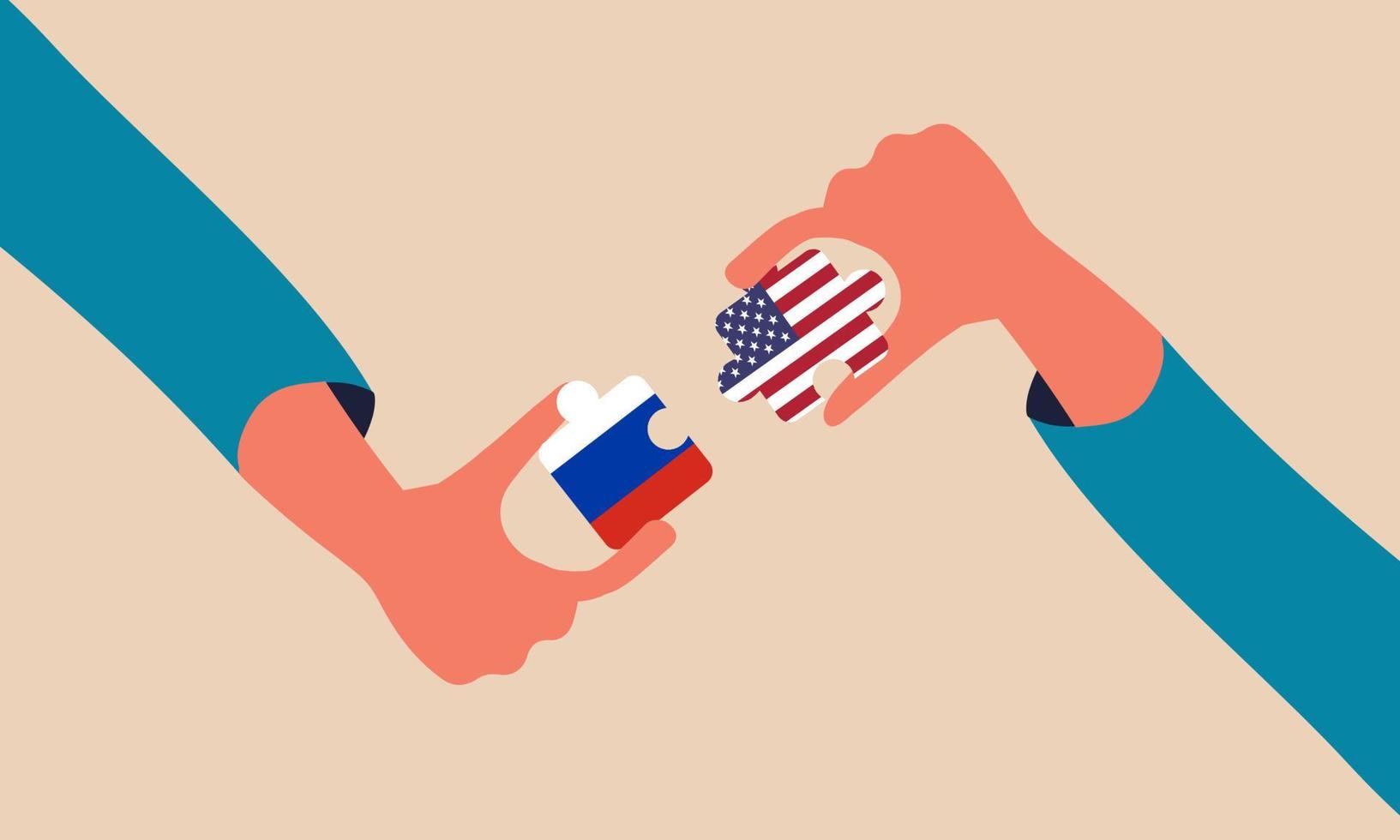 verhandlungshandel russland und usa land. Strategie mächtiges Geld uns oder Vereinbarung Business Sanktionen Vector Illustration Concept. Kommunikation politischer Krieg und Finanzzollexport. Welt der Diplomatie