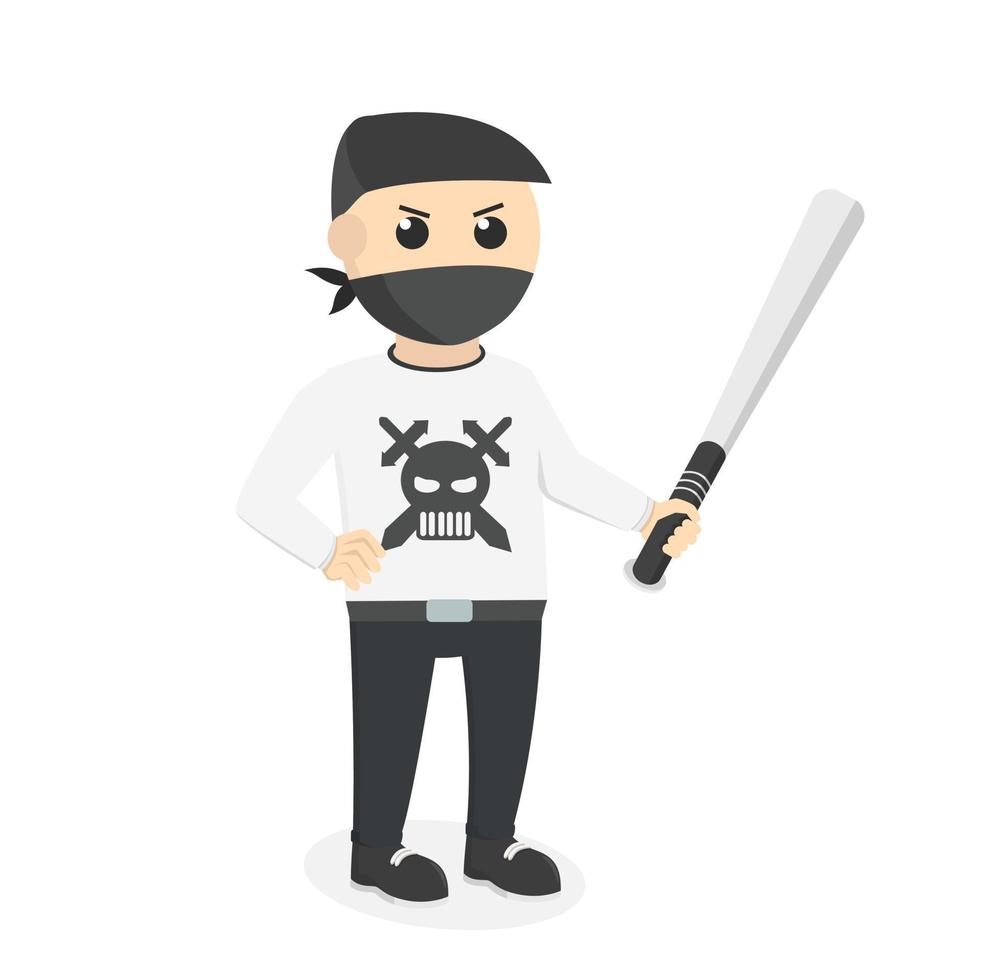 Gangster mit Baseballschläger-Designcharakter auf weißem Hintergrund vektor