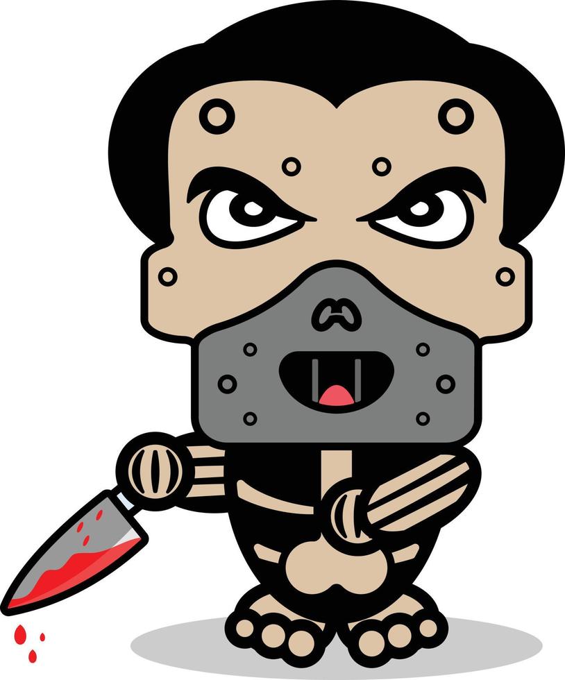 süße hannibal lecter knochenmaskottchen charakter cartoon vektorillustration mit blutigem messer vektor