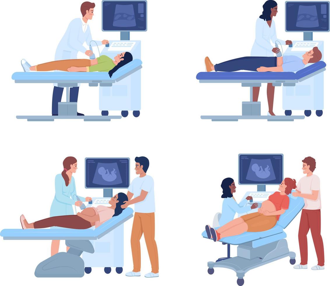 ultraschalluntersuchung halbflache farbvektorzeichen gesetzt. editierbare Zahlen. Ganzkörpermenschen auf Weiß. medizin einfache cartoon-stilillustrationen für webgrafikdesign und animationssammlung vektor