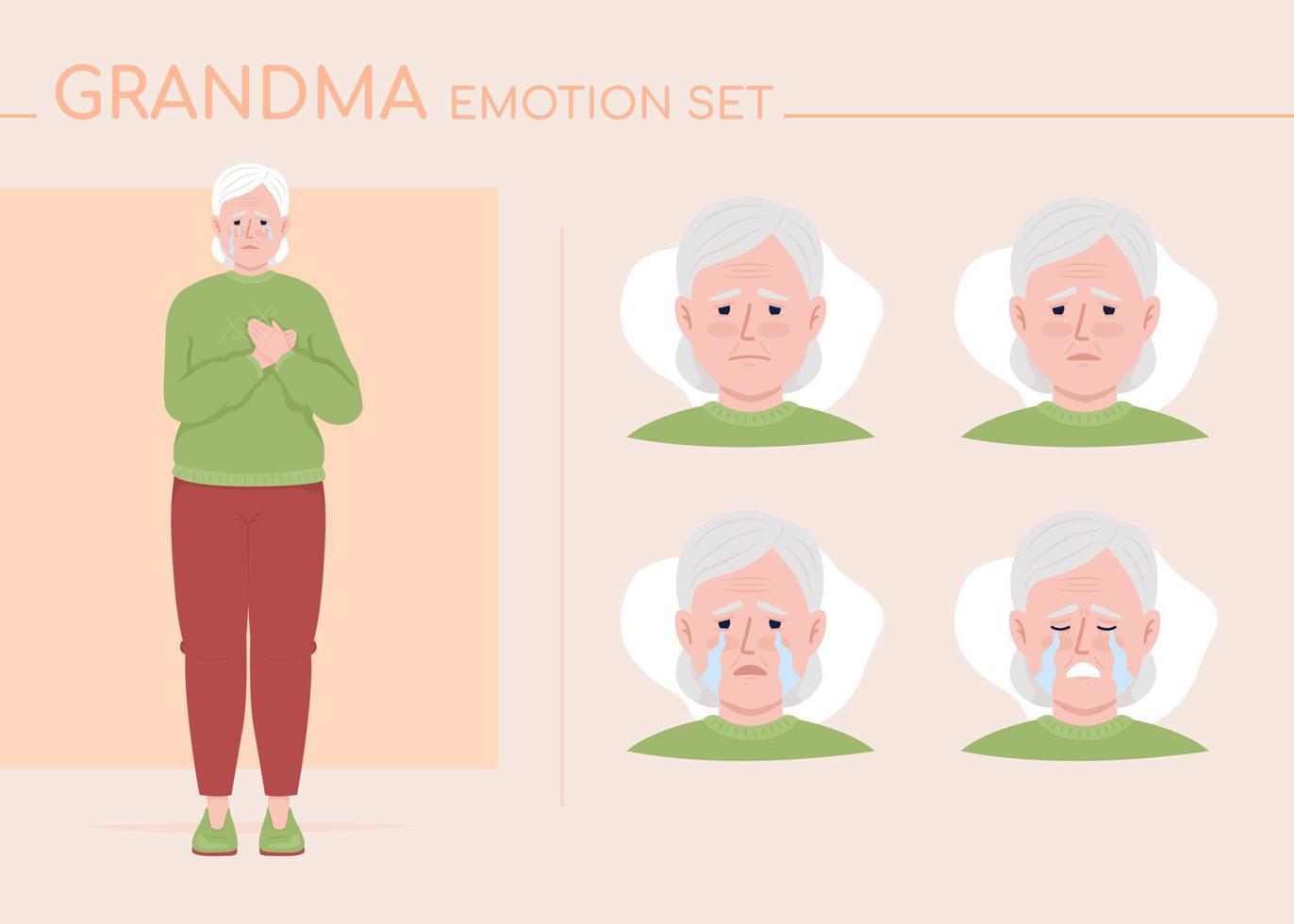 Weinende Seniorin halbflache Farbe Charakter Emotionen gesetzt. editierbare Gesichtsausdrücke. Trauervektorartillustration für Bewegungsgrafikdesign und -animation vektor