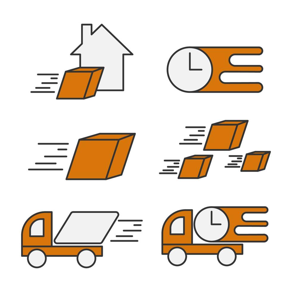 Sammlung von Symbolen für Lieferungslogovorlagen im orangefarbenen Stilset. Geschwindigkeit Business Service Expressversand Logo Vector Illustration